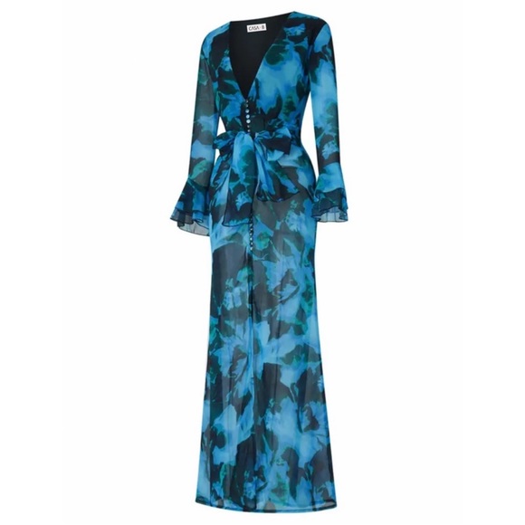 NEW to CASA B!💫| The Lumina Floral Deep V Frill Sleeve Maxi Dress in Azure - Picture 7 of 9